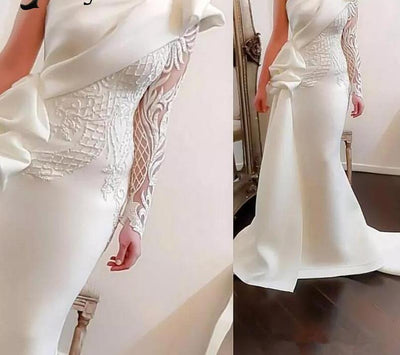 Elegant One Shoulder Mermaid Long Prom Dresses 2018 White Long Sleeves Prom Gowns Satin Ruched Ruffles Applique Sweep Train