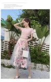 Amolapha Women Irregular T Shirt+Mesh Skirts Suits Bowknot Solid Tops Vintage Floral Skirt Sets for Elegant Woman