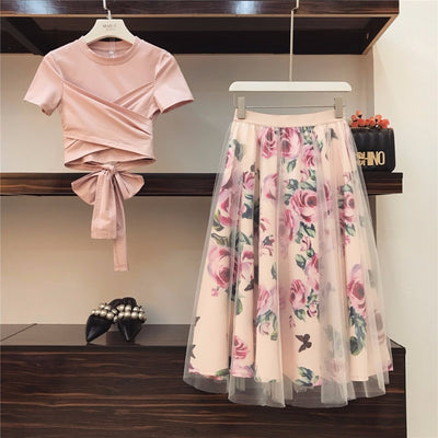 Amolapha Women Irregular T Shirt+Mesh Skirts Suits Bowknot Solid Tops Vintage Floral Skirt Sets for Elegant Woman
