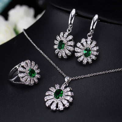 CWWZircons Lovely Flower CZ Stone and Green Crystal Necklace Earring Ring Set Fashion 925 Sterling Silver Jewelry For Women T282