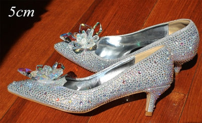2018 New Rhinestone High Heels Cinderella Shoes Women Pumps Pointed toe Woman Crystal Wedding Shoes 5cm 7cm 9cm heel big size