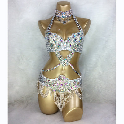 2018 New Women's beaded Crystal belly dance costume wear Bar+Belt+Necklace 3pc set bellydancing costumes bellydance clothes