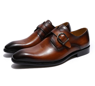 European Style Handmade Genuine Leather Men Brown Monk Strap Formal Shoes Office Business Wedding Dress Loafer Shoes