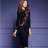 Womens plum flow Embroidery Dress Elegant O-neck Long Sleeve Black Bodycon Evening Party Dress