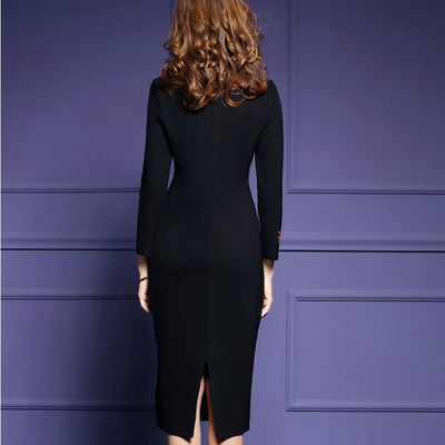 Womens plum flow Embroidery Dress Elegant O-neck Long Sleeve Black Bodycon Evening Party Dress
