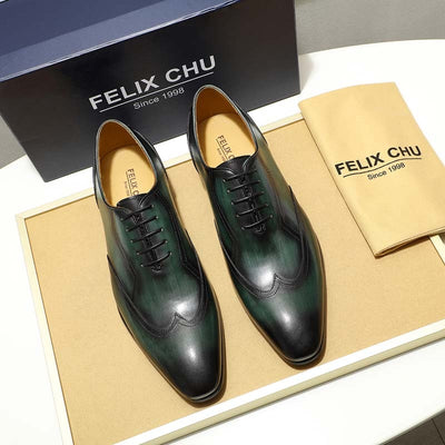 Black Green Wingtip Oxfords Mens Shoes Hand Painted Lace Up Genuine Leather New Dress Shoes Men