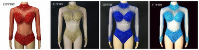 4 Colors luxurious Rhinestones Leotard Stones Perspective Mesh Bodysuitlong Sleeves Stage Performance Costumes