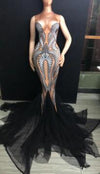 Black Mesh Trains Long Dress Performance Stretch Dance Dress Birthday Celebrate Outfit Nightclub Party Singer Costume Dress