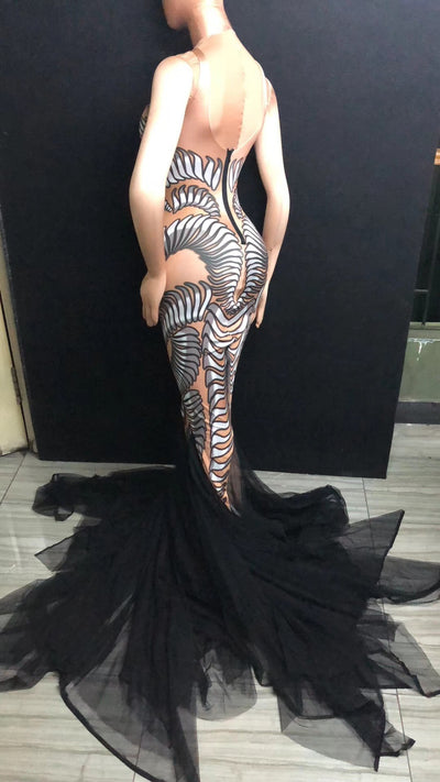 Black Mesh Trains Long Dress Performance Stretch Dance Dress Birthday Celebrate Outfit Nightclub Party Singer Costume Dress