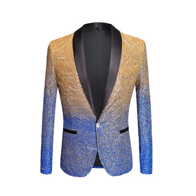 Mens Fashion Gradient Color Shiny Powder Gold Silver Pink Champagne Blue Black Slim Fit Blazer Stage Singer Suit Jacket
