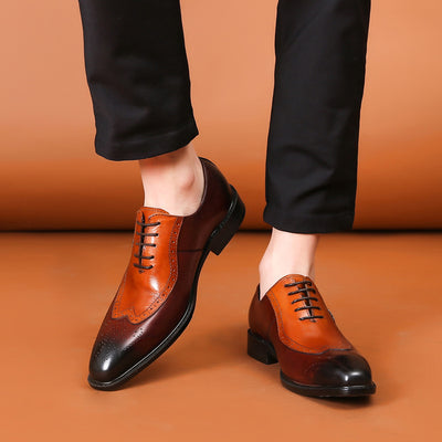 Luxury classic mens brogue oxfords dress shoes genuine cow leather brown pointed toe lace up male formal footwear wedding party