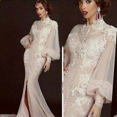 Arabic Moroccan Mermaid Evening Dresses Party Elegant for Women Celebrity Long Sleeves Dubai Caftans High Neck Split Formal Gown