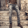 Men retro washed slim straight casual button fly ripped holes jeans pants male micro elasticed hip hop grey winter jeans K786