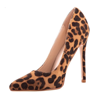 High Heels Leopard Shoes Women Pumps Office Lady Pointed Toe Flock Sexy 12 cm Wedding Sapato Feminino