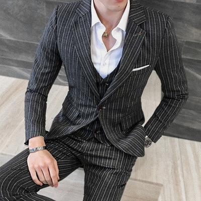 Plyesxale 3 Piece Stripe Suits Men Designer Casual Man Suit Slim Fit Groom Wedding Suit Sky Blue Khaki Grey Burgundy 5XL Q347