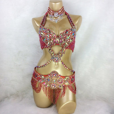 2018 New Women's beaded Crystal belly dance costume wear Bar+Belt+Necklace 3pc set bellydancing costumes bellydance clothes