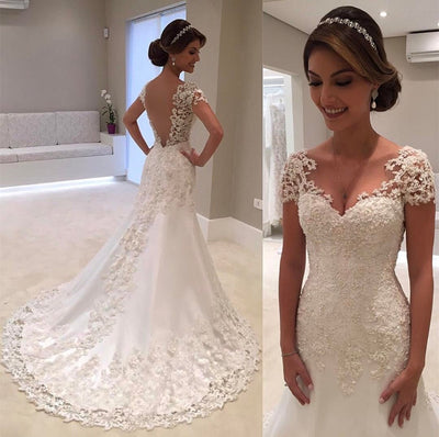 2019 New Illusion Vestido De Noiva White Backless Lace Mermaid Wedding Dress Cap Sleeve Wedding Gown Bride Dress