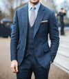 100% Wool Custom Suit Luxury Blue Grey Flannel Business Suits For Men, Besopke 3-piece Style Dress Suit Costume Homme de luxe