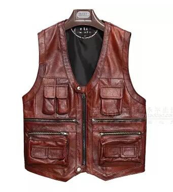 New Men's Waistcoat Genuine Leather Reporters Suit More Than Pocket Quinquagenarian Men Cow Leather Vest Tops Sleeveless Jacket
