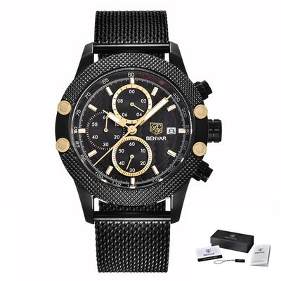 BENYAR Sport Chronograph Fashion Watches Men Mesh & Rubber Band Waterproof Luxury Brand Quartz Watch Gold Saat dropshipping