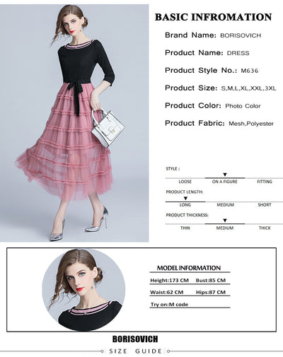 Borisovich Sweet Style Ladies Party Dress New 2018 Autumn Fashion Mesh Patchwork Knitted Elegant Women Casual Long Dresses M988