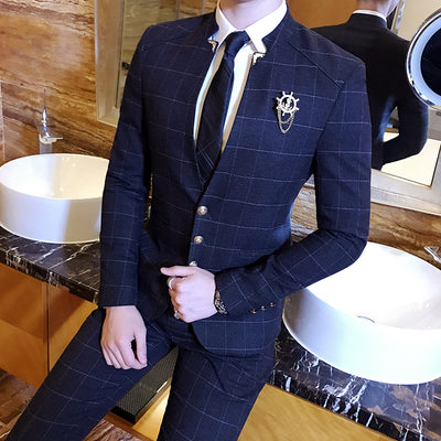 Plyesxale Chinese Style Mandarin Collar Suits For Men Black Navy Blue Mens Slim Fit Plaid Suits 2 Piece Groom Wedding Suit Q270