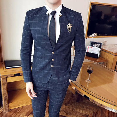 Plyesxale Chinese Style Mandarin Collar Suits For Men Black Navy Blue Mens Slim Fit Plaid Suits 2 Piece Groom Wedding Suit Q270