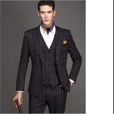 Groomsmen Peak Lapel Groom Tuxedos Black with White Stripe Men Suits Wedding Best Man Blazer (Jacket+Pants+Tie+Vest) B940