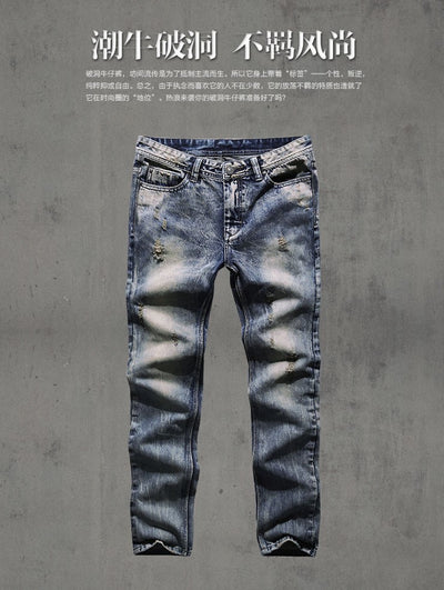Mens Retro ripped jeans mens solid Washing denim jeans new Korean style casual trousers stretch man denim pants 100% Cotton K526