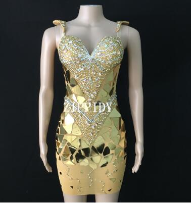 Shining Silver Sequins Rhinestone Dress Women Birthday Bright Sexy Costume Prom Celebrate Bling Mirrors Dresses Evening Outfit