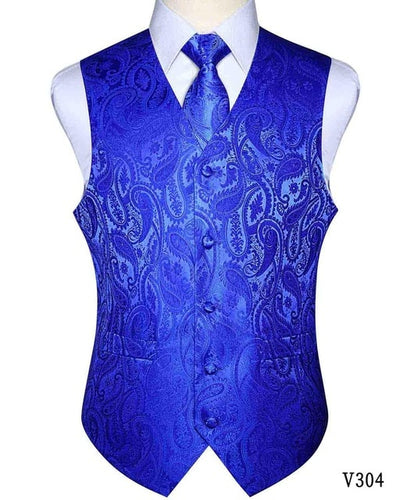 Men Waistcoat Vest Party Wedding Handkerchief Necktie Classic Paisley Plaid Floral Jacquard Pocket Square Tie Suit Set