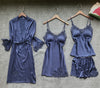 Women's Robe & Gown Sets Lace Bathrobe + Night Dress 4 Four Pieces Sleepwear Womens Sleep Set Faux Silk Robe