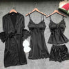 Women's Robe & Gown Sets Lace Bathrobe + Night Dress 4 Four Pieces Sleepwear Womens Sleep Set Faux Silk Robe