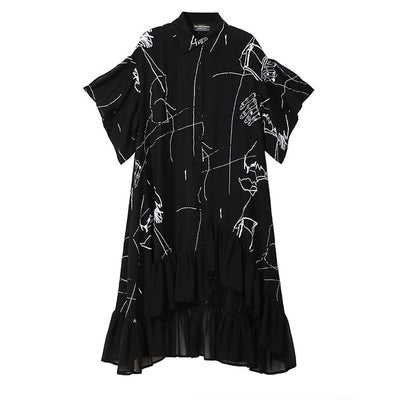 2018 Women Summer Black Casual Asymmetrical Shirt Dress Printed Half Sleeve Ladies Party Club Wear Dresses Style Robe Femme 3751