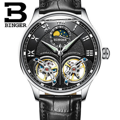 Double Tourbillon Switzerland Mens Watches BINGER Original Automatic Watch men Fashion Mechanical Wristwatch Leather clock reloj