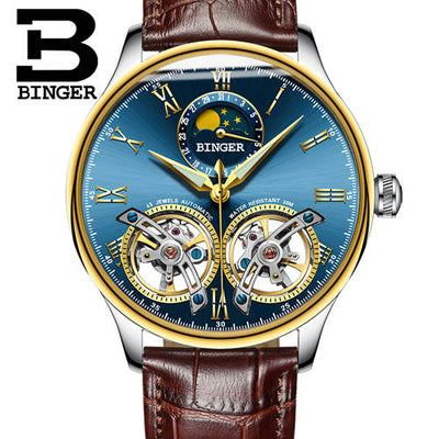Double Tourbillon Switzerland Mens Watches BINGER Original Automatic Watch men Fashion Mechanical Wristwatch Leather clock reloj