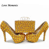 NEW Women yellow pearl wedding shoes with matching bags Set Crystal women's Pumps High shoes platform shoes woman fashion shoes