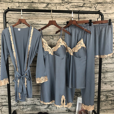 2018 Women Satin Sleepwear 5 Pieces Pyjamas Sexy Lace Pajamas Sleep Lounge Pijama Silk Night Home Clothing Pajama Suit