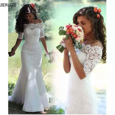 JIERUIZE White Lace Boho Mermaid Wedding Dresses Half Sleeves Off The Shoulder Beach Bridal Dresses Elegant Wedding Gowns