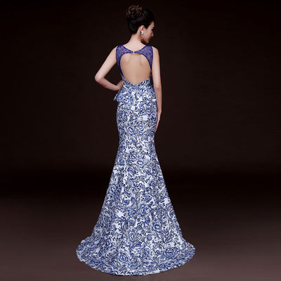 Hot sale luxury evening dresses sexy backless formal dress beading prom party pattern print satin dress vestidos de noiva