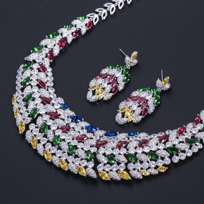 Shiny Multi Color Cubic Zirconia Large Heavy Bridal Necklace Jewelry Set for Brides Wedding Dress Accessories