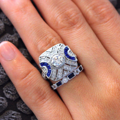 Bamos Fashion Boho Ring Set Blue Stone Finger Ring 925 Sliver Filled Vintage Ring For Women&Men Wedding Bands Party Accessories
