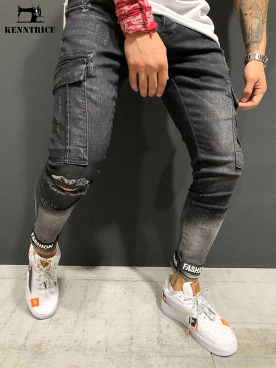 KENNTRICE New Men Jeans Distressed Pants Hole Jogger Skinny Jeans  Multi-pocket  Motorcycle Slim Fit Ripped Trousers Male