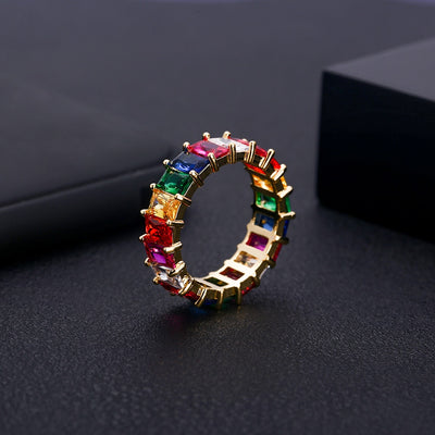 janekelly  baguette cubic zirconia cz Gold filled mix rainbow ring for women thin delicate trendy drop shipping female jewelry