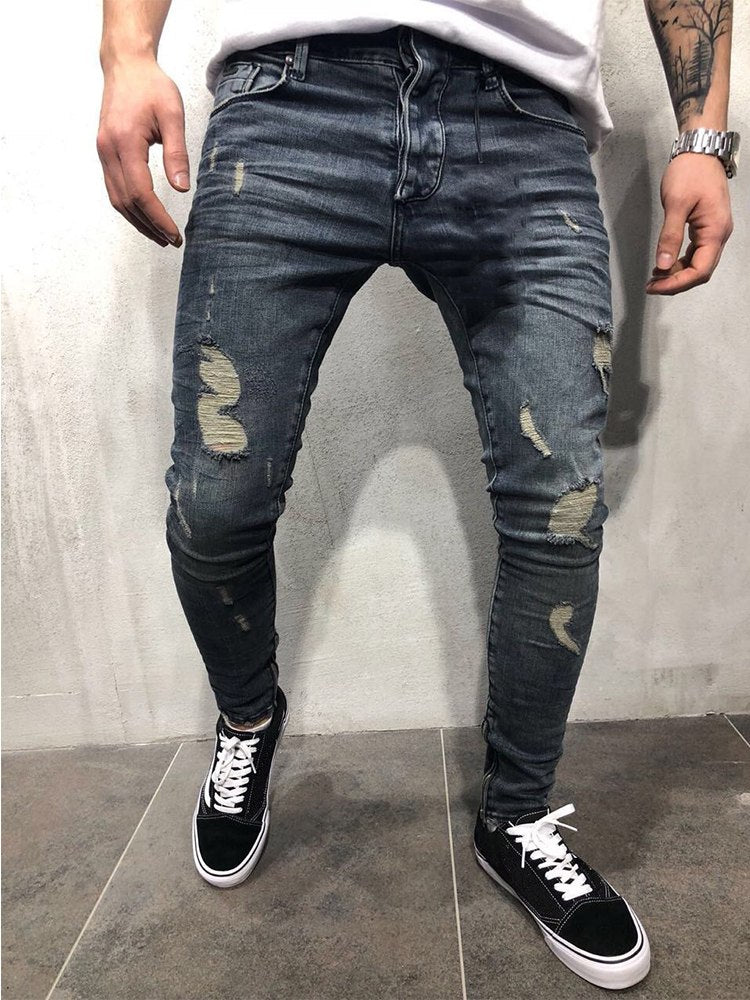 KENNTRICE Men Jeans New Slim Fit Knee Holes Hip Hop Skinny Jeans Distressed Ripped Stretch Streetwear Male Denim Trousers