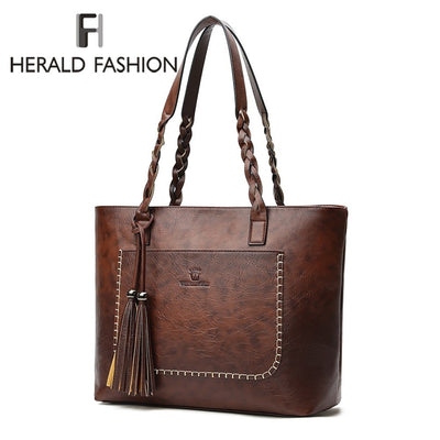 Herald Fashion Large Capacity Causal Shoulder Bags for Women 2018 Fall Leather Fringe Purse Handbags Retro Tassel Shopper Tote