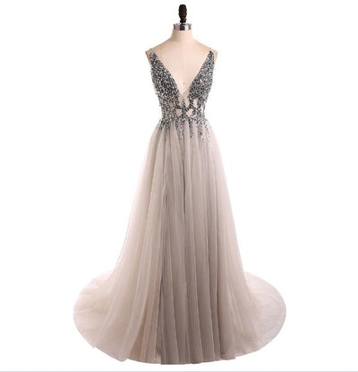 V Neck Sparkly Prom Dresses 2019 Backless Evening Party Dress Elegant Sexy See Through High Split Vestido de Festa Real Photo