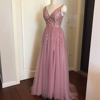 Beading Prom Dresses 2019 V neck Pink High Split Tulle Sweep Train Sleeveless Evening Gown A-line Lace Up Backless Vestido De