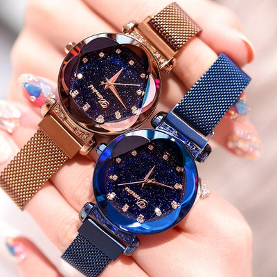 Top Brand Luxury Women's Rhinestone Wrist Watches Rose Gold Starry Sky Quartz Watch Ladies Crystal Clock Magnetic Strap relogio