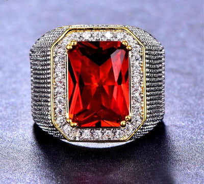 Bamos Retro Male Red Big Stone Ring Gothic Wide Ring For Men Punk Jewelry Accessories Yellow Gold Filled Cool HipHop Men Ring